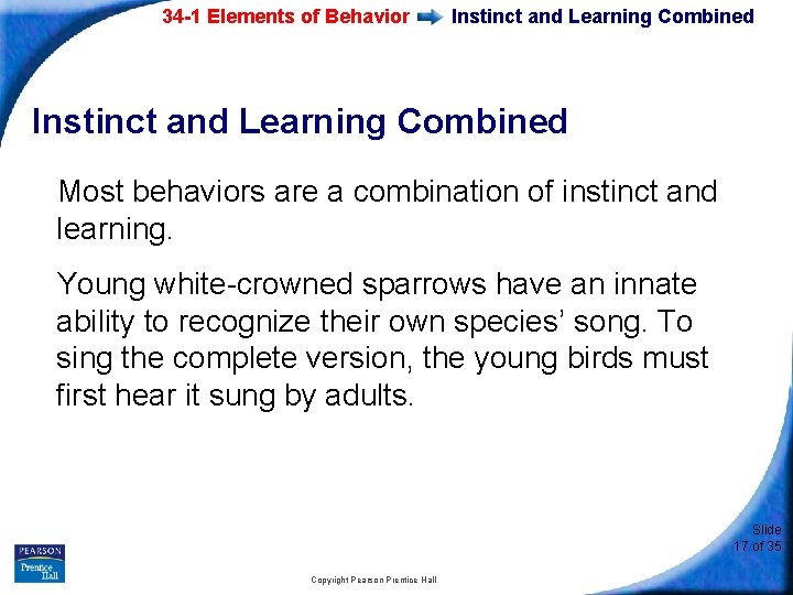 34 -1 Elements of Behavior Instinct and Learning Combined Most behaviors are a combination