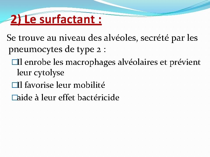 2) Le surfactant : Se trouve au niveau des alvéoles, secrété par les pneumocytes