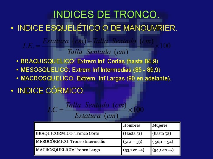 INDICES DE TRONCO. • INDICE ESQUELÉTICO O DE MANOUVRIER. • BRAQUISQUELICO: Extrem Inf. Cortas