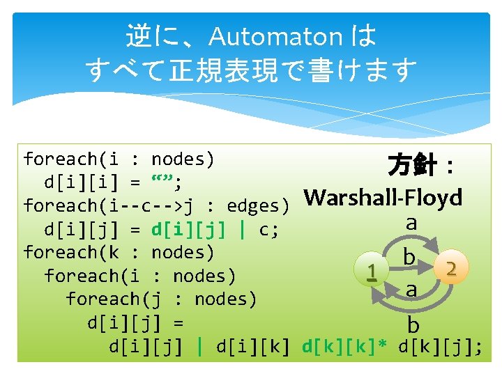 逆に、Automaton は すべて正規表現で書けます foreach(i : nodes) 方針： d[i][i] = “”; foreach(i--c-->j : edges) Warshall-Floyd