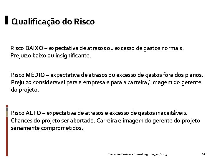 Qualificação do Risco BAIXO – expectativa de atrasos ou excesso de gastos normais. Prejuízo