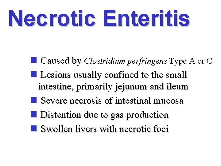 Necrotic Enteritis n Caused by Clostridium perfringens Type A or C n Lesions usually