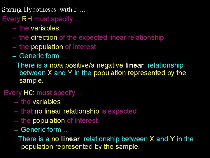 Stating Hypotheses with r. . . Every RH must specify. . . – the