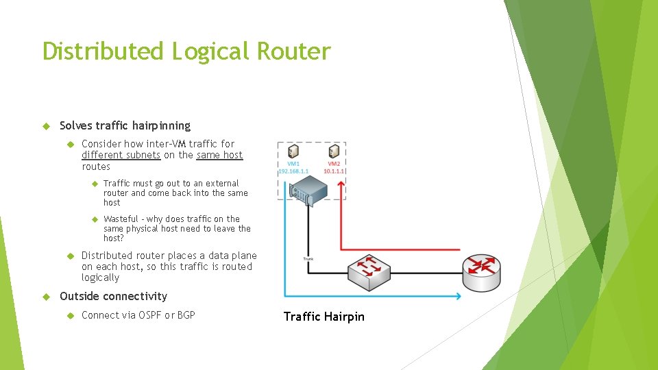 Distributed Logical Router Solves traffic hairpinning Consider how inter-VM traffic for different subnets on