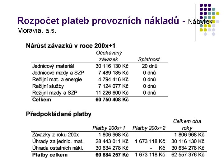 Rozpočet plateb provozních nákladů - Nábytek Moravia, a. s. 