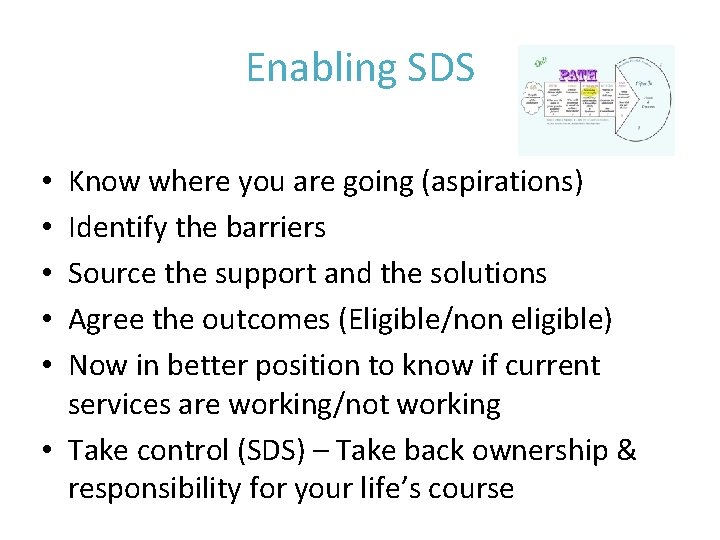 Enabling SDS Know where you are going (aspirations) Identify the barriers Source the support