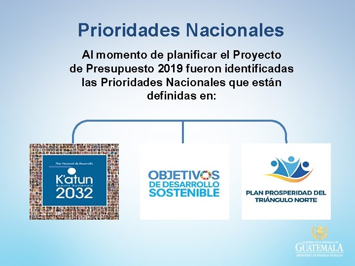 Prioridades Nacionales Al momento de planificar el Proyecto de Presupuesto 2019 fueron identificadas las Prioridades Nacionales Al momento de planificar el Proyecto de Presupuesto 2019 fueron identificadas las