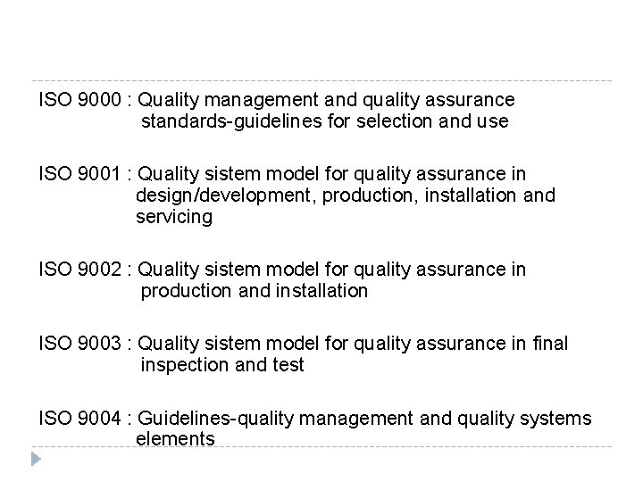 ISO 9000 : Quality management and quality assurance standards-guidelines for selection and use ISO