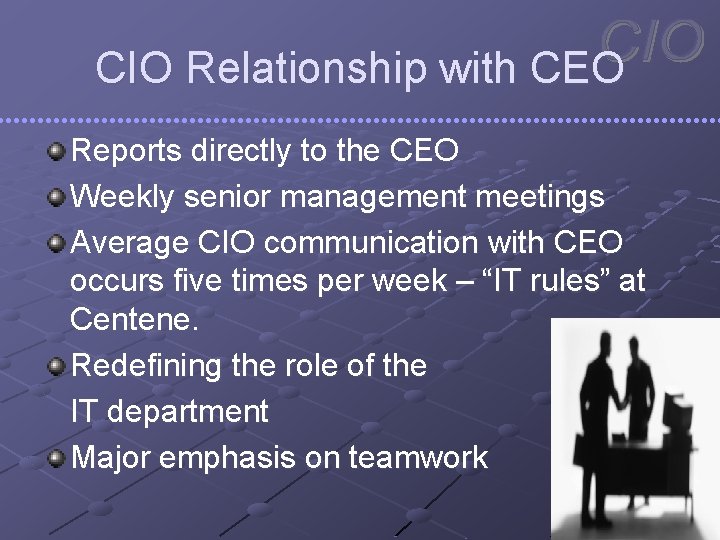 CIO Relationship with CEO Reports directly to the CEO Weekly senior management meetings Average