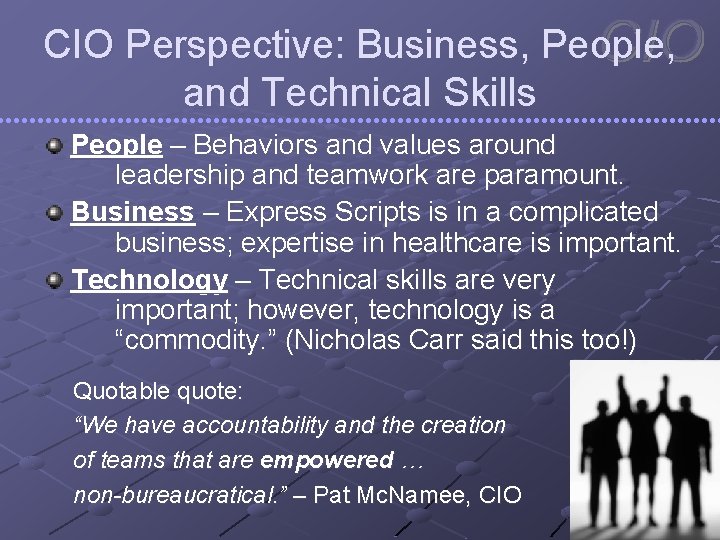 CIO Perspective: Business, People, and Technical Skills People – Behaviors and values around leadership