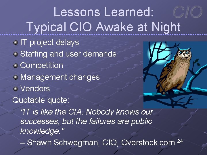 Lessons Learned: Typical CIO Awake at Night IT project delays Staffing and user demands