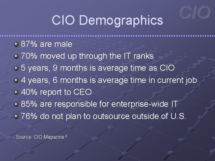 CIO Demographics 87% are male 70% moved up through the IT ranks 5 years,