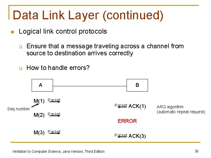 Data Link Layer (continued) n Logical link control protocols q q Ensure that a