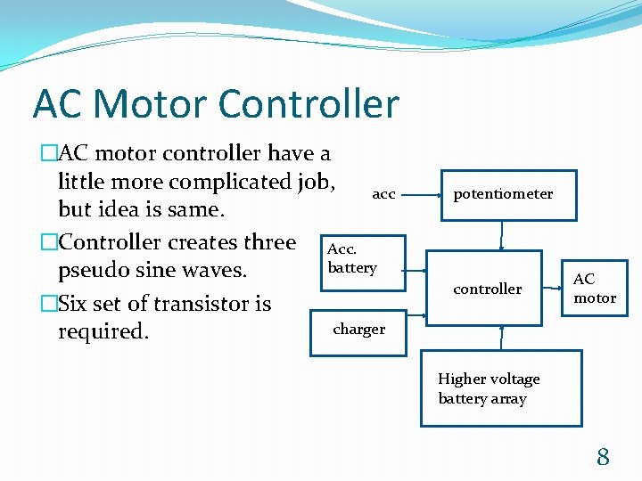 AC Motor Controller �AC motor controller have a little more complicated job, acc but
