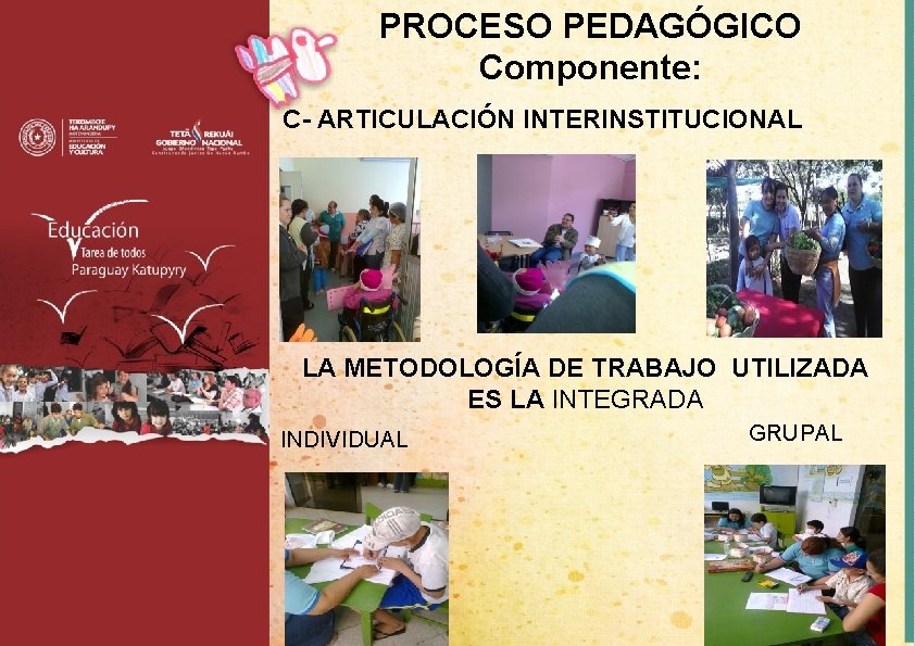 PROCESO PEDAGÓGICO Componente: C- ARTICULACIÓN INTERINSTITUCIONAL LA METODOLOGÍA DE TRABAJO UTILIZADA ES LA INTEGRADA