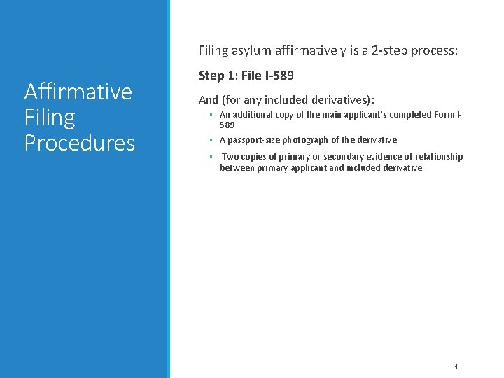 Filing asylum affirmatively is a 2 -step process: Affirmative Filing Procedures Step 1: File