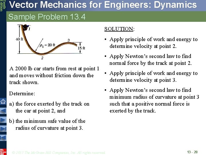 Tenth Edition Vector Mechanics for Engineers: Dynamics Sample Problem 13. 4 SOLUTION: • Apply