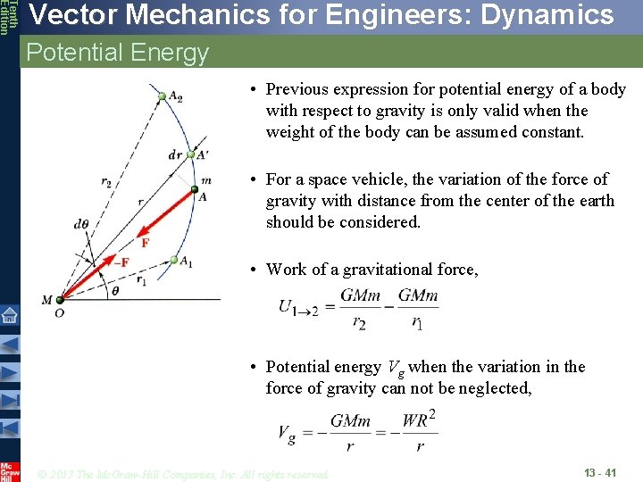 Tenth Edition Vector Mechanics for Engineers: Dynamics Potential Energy • Previous expression for potential