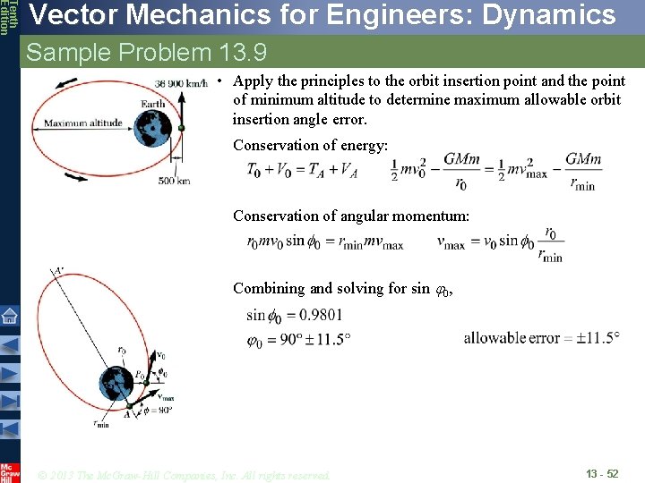 Tenth Edition Vector Mechanics for Engineers: Dynamics Sample Problem 13. 9 • Apply the