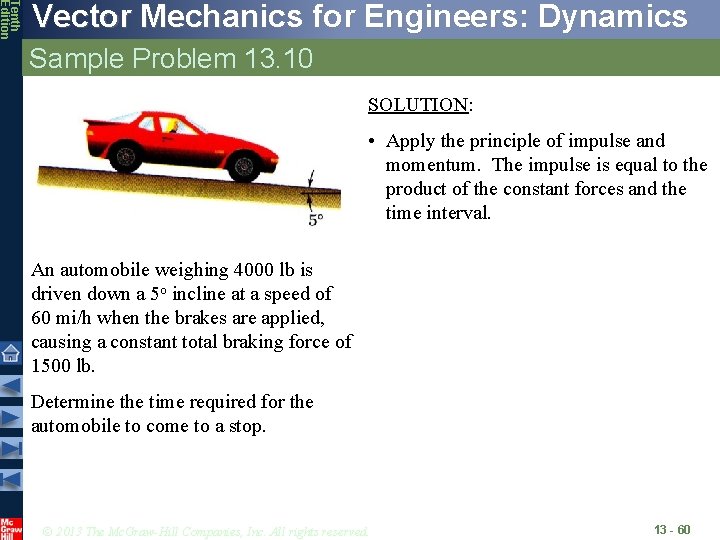 Tenth Edition Vector Mechanics for Engineers: Dynamics Sample Problem 13. 10 SOLUTION: • Apply