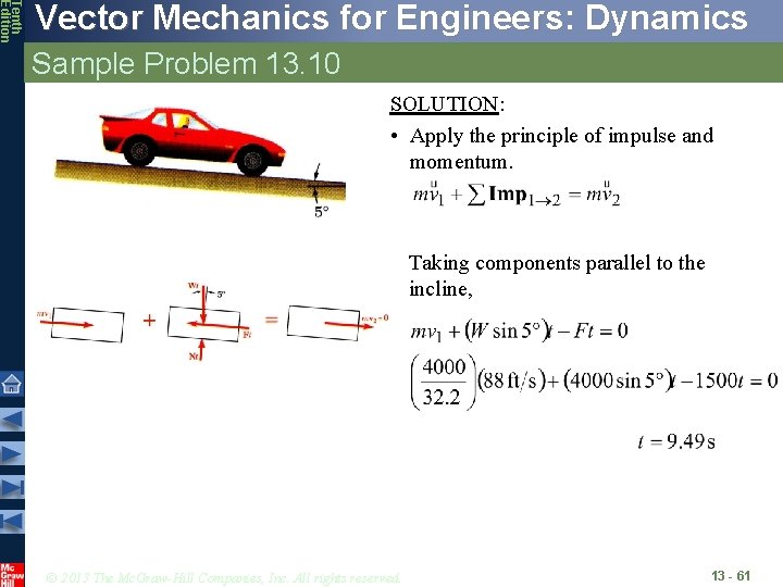 Tenth Edition Vector Mechanics for Engineers: Dynamics Sample Problem 13. 10 SOLUTION: • Apply