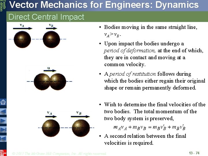 Tenth Edition Vector Mechanics for Engineers: Dynamics Direct Central Impact • Bodies moving in