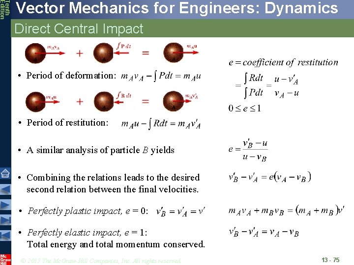 Tenth Edition Vector Mechanics for Engineers: Dynamics Direct Central Impact • Period of deformation: