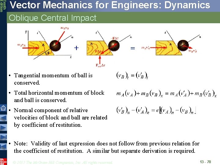 Tenth Edition Vector Mechanics for Engineers: Dynamics Oblique Central Impact • Tangential momentum of