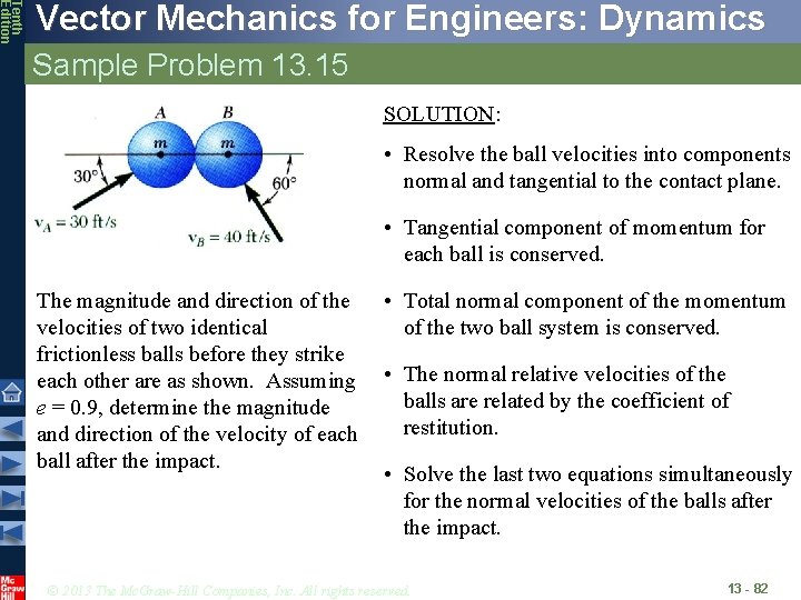 Tenth Edition Vector Mechanics for Engineers: Dynamics Sample Problem 13. 15 SOLUTION: • Resolve
