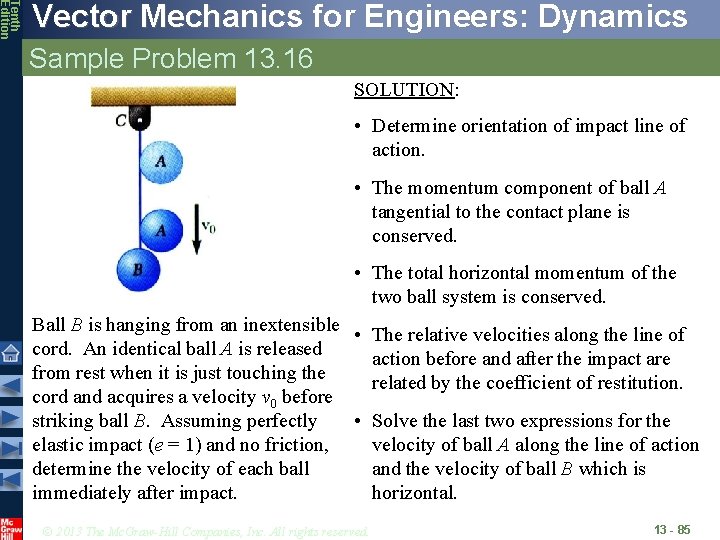 Tenth Edition Vector Mechanics for Engineers: Dynamics Sample Problem 13. 16 SOLUTION: • Determine