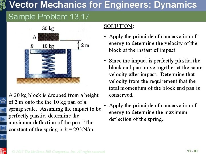 Tenth Edition Vector Mechanics for Engineers: Dynamics Sample Problem 13. 17 SOLUTION: • Apply