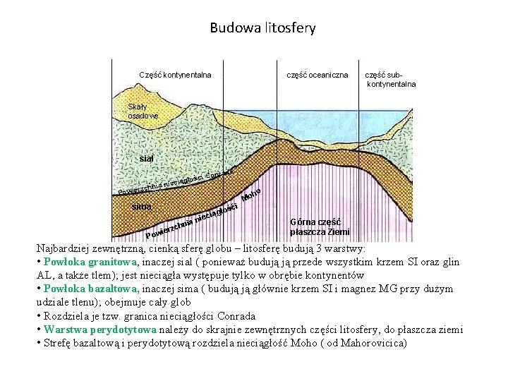 Budowa litosfery Część kontynentalna część oceaniczna część subkontynentalna Skały osadowe sial ści ciągło nia