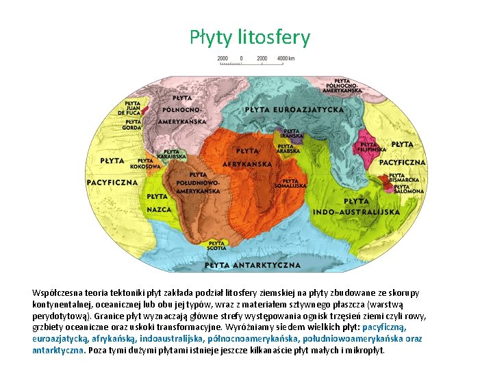 Płyty litosfery Współczesna teoria tektoniki płyt zakłada podział litosfery ziemskiej na płyty zbudowane ze
