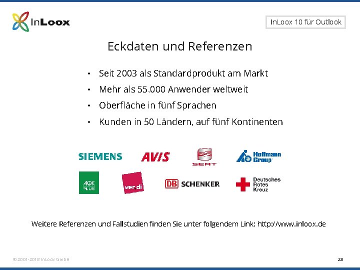 Seite 23 In. Loox 10 für Outlook Eckdaten und Referenzen • Seit 2003 als Seite 23 In. Loox 10 für Outlook Eckdaten und Referenzen • Seit 2003 als