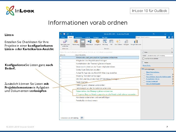 Seite 7 In. Loox 10 für Outlook Informationen vorab ordnen Listen Erstellen Sie Checklisten