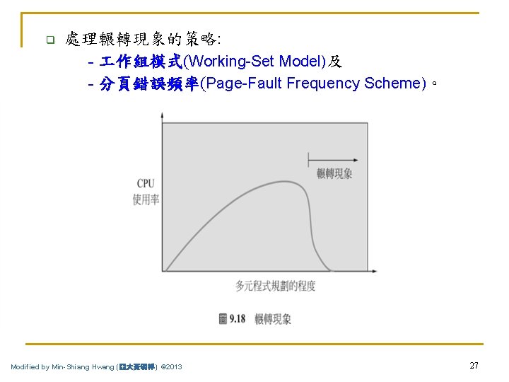 q 處理輾轉現象的策略: - 作組模式(Working-Set Model)及 - 分頁錯誤頻率(Page-Fault Frequency Scheme)。 Modified by Min-Shiang Hwang (亞大黃明祥)