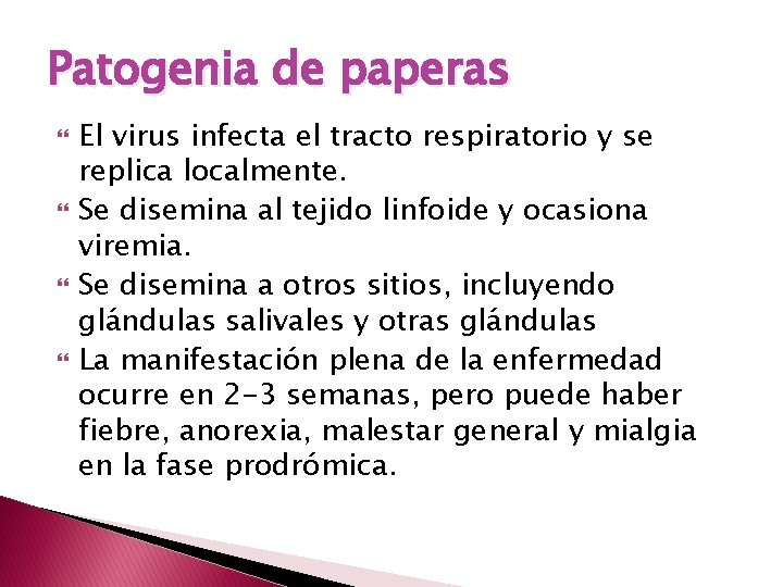 Patogenia de paperas El virus infecta el tracto respiratorio y se replica localmente. Se