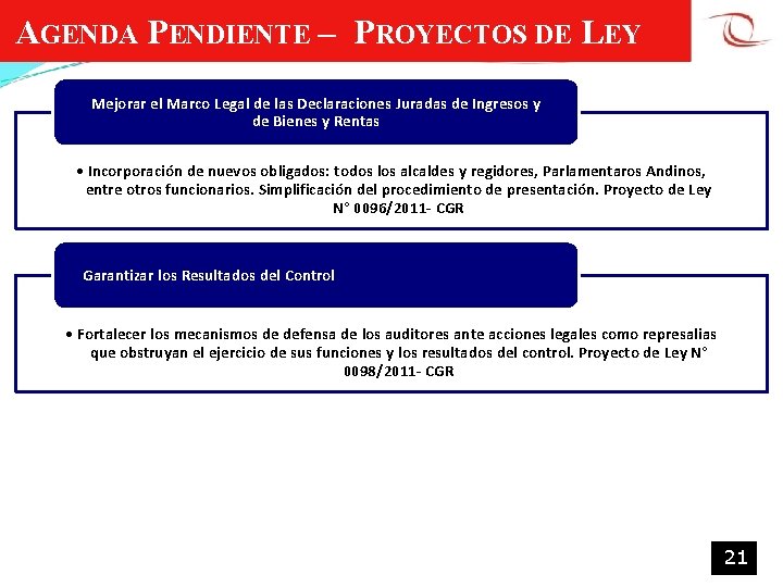 AGENDA PENDIENTE – PROYECTOS DE LEY Mejorar el Marco Legal de las Declaraciones Juradas