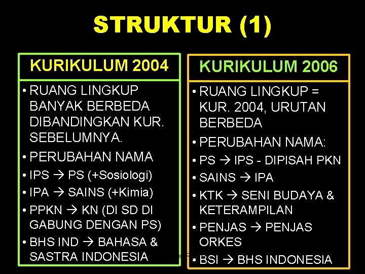 STRUKTUR (1) KURIKULUM 2004 • RUANG LINGKUP BANYAK BERBEDA DIBANDINGKAN KUR. SEBELUMNYA. • PERUBAHAN