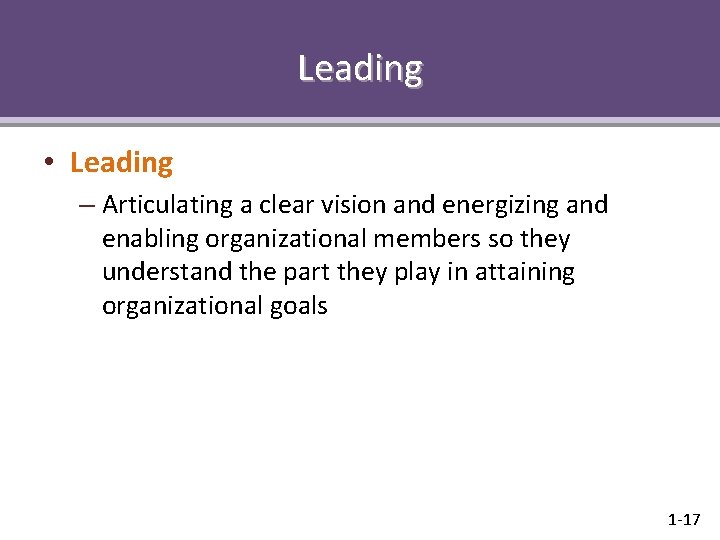 Leading • Leading – Articulating a clear vision and energizing and enabling organizational members