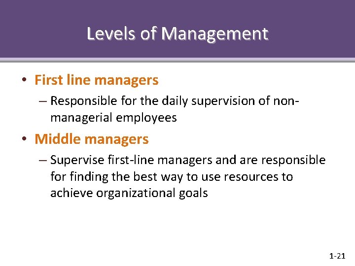 Levels of Management • First line managers – Responsible for the daily supervision of