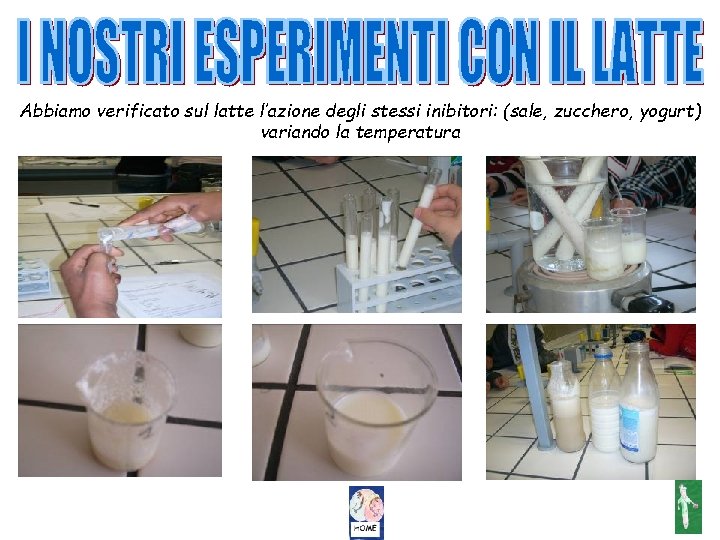 Abbiamo verificato sul latte l’azione degli stessi inibitori: (sale, zucchero, yogurt) variando la temperatura