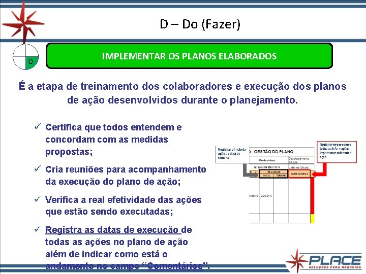 D – Do (Fazer) IMPLEMENTAR OS PLANOS ELABORADOS É a etapa de treinamento dos D – Do (Fazer) IMPLEMENTAR OS PLANOS ELABORADOS É a etapa de treinamento dos