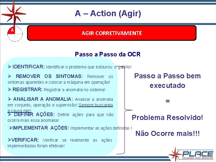 A – Action (Agir) AGIR CORRETIVAMENTE Passo a Passo da OCR Ø IDENTIFICAR: Identificar A – Action (Agir) AGIR CORRETIVAMENTE Passo a Passo da OCR Ø IDENTIFICAR: Identificar