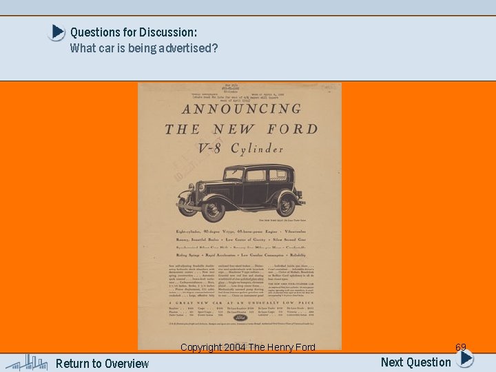 Questions for Discussion: What car is being advertised? Copyright 2004 The Henry Ford Return