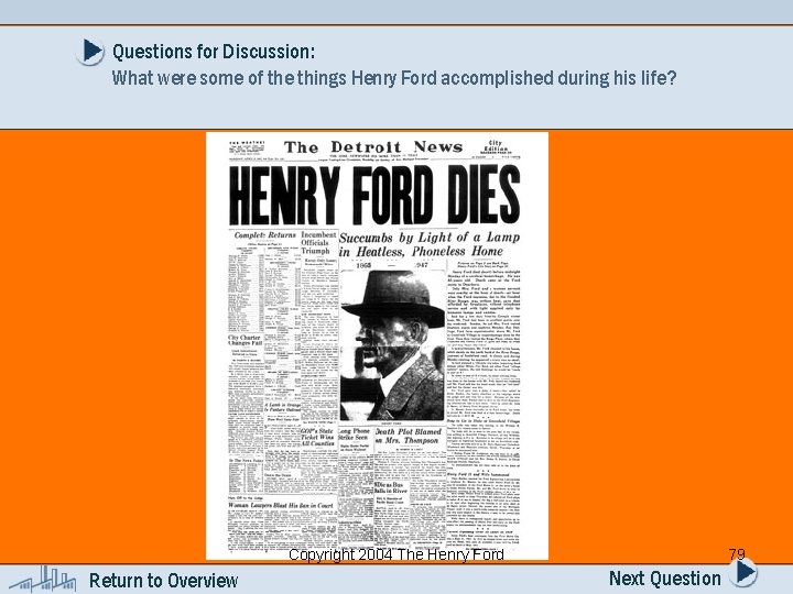 Questions for Discussion: What were some of the things Henry Ford accomplished during his