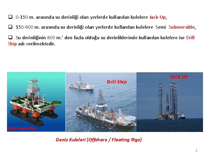 q 0 -150 m. arasında su derinliği olan yerlerde kullanılan kulelere Jack-Up, q 150