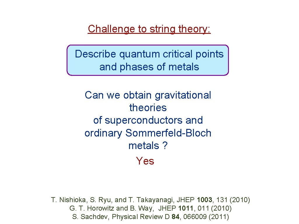 Challenge to string theory: Describe quantum critical points and phases of metals Can we