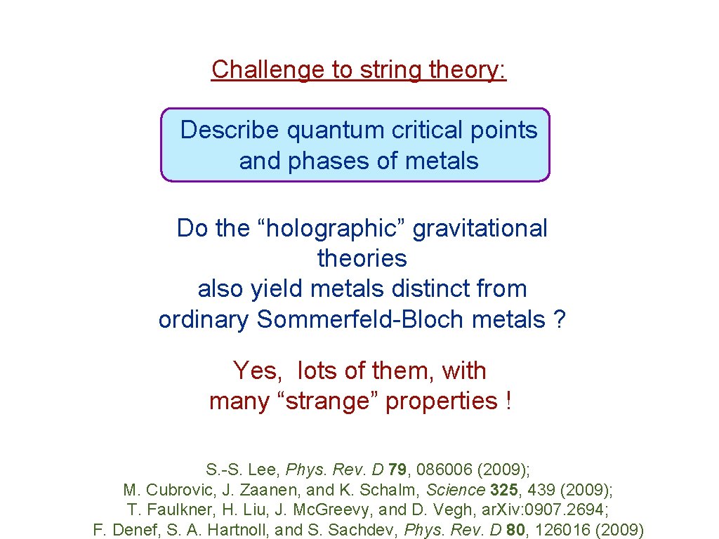 Challenge to string theory: Describe quantum critical points and phases of metals Do the