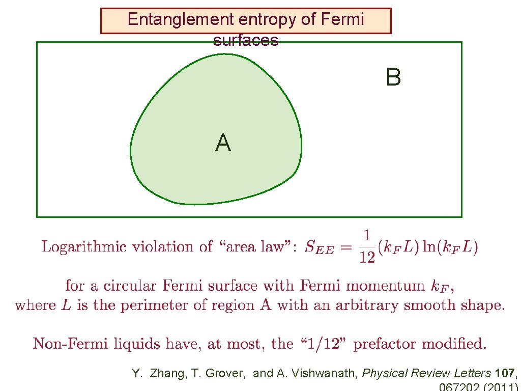 Entanglement entropy of Fermi surfaces B A Y. Zhang, T. Grover, and A. Vishwanath,